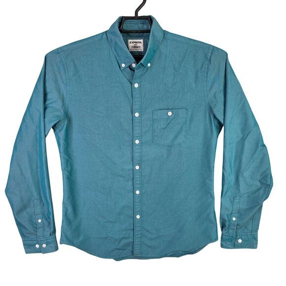 Mens Express Teal Fitted Shirt Button Up Long Sleeve Cotton Blend Size M - Picture 1 of 7